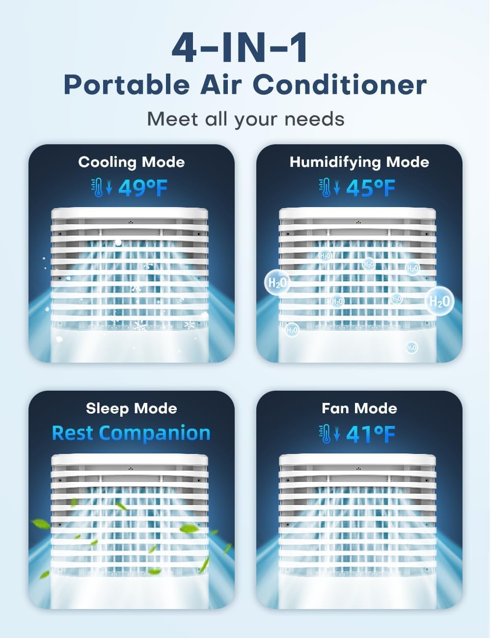 4-IN-1 Portable Air Conditioners, Evaporative Air Cooler w/ 4 Modes & 3 Speeds, 15H Timer for Smart Auto-off, 2-Gal Tank for 20H Cooling,17FT Remote,No Hose Needed,120°Oscillating Swamp Cooler