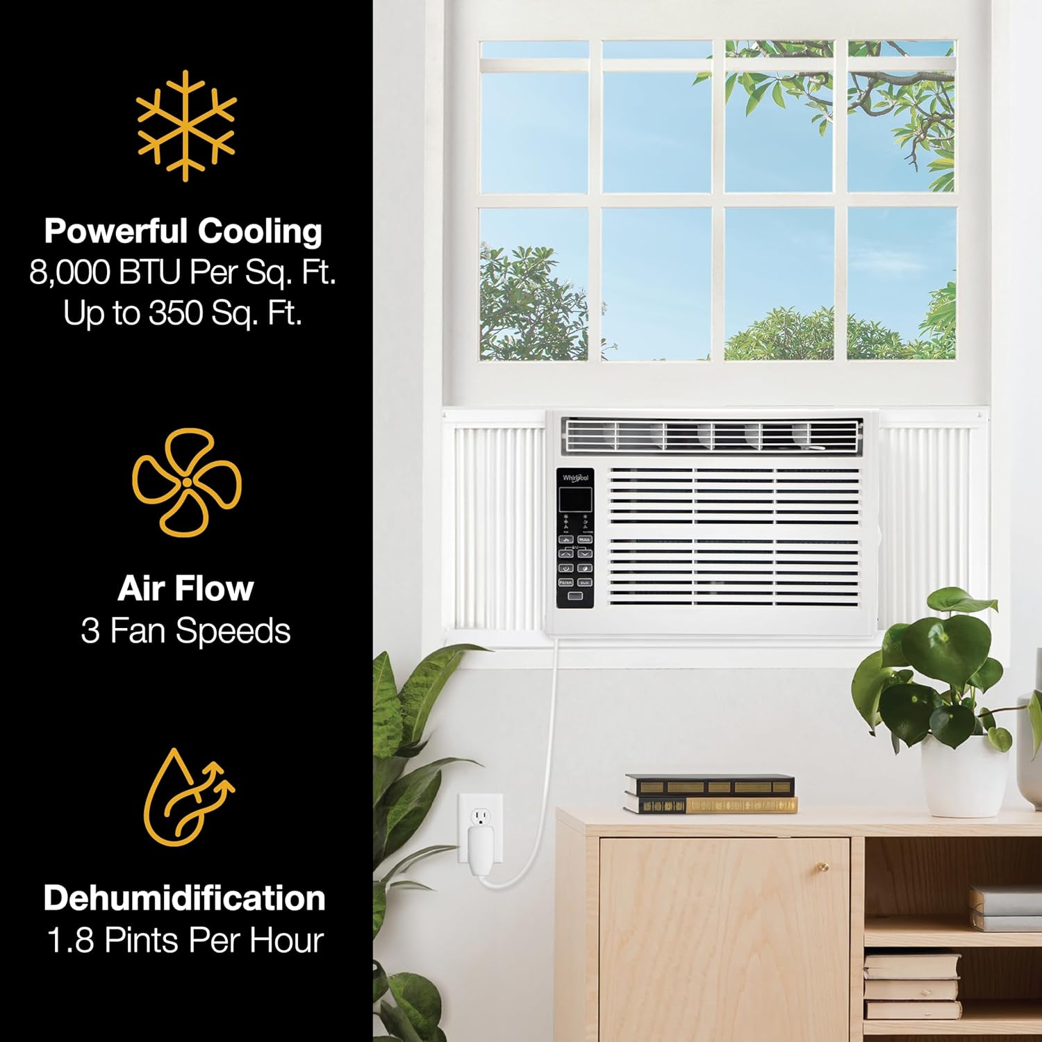 Whirlpool 8,000 BTU Window Air Conditioner with Dehumidifier, 115V, Window AC for Rooms up to 350 Sq. Ft., Living Room, Bedroom, or Apartment, with 3 Speeds, Remote Control, and 24H Timer, White