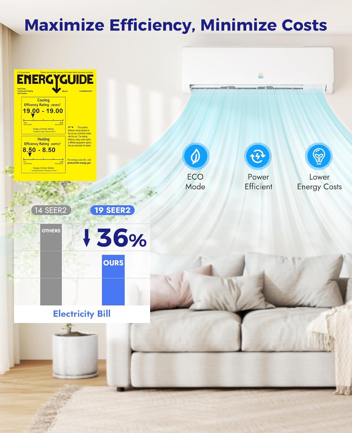 9000 BTU Mini Split Ac/Heating System - 19 SEER2 Mini Split AC Unit with Heat Pump, 115V Energy Efficient Ductless AC Unit Up to 450 Sq.Ft with Installation Kit