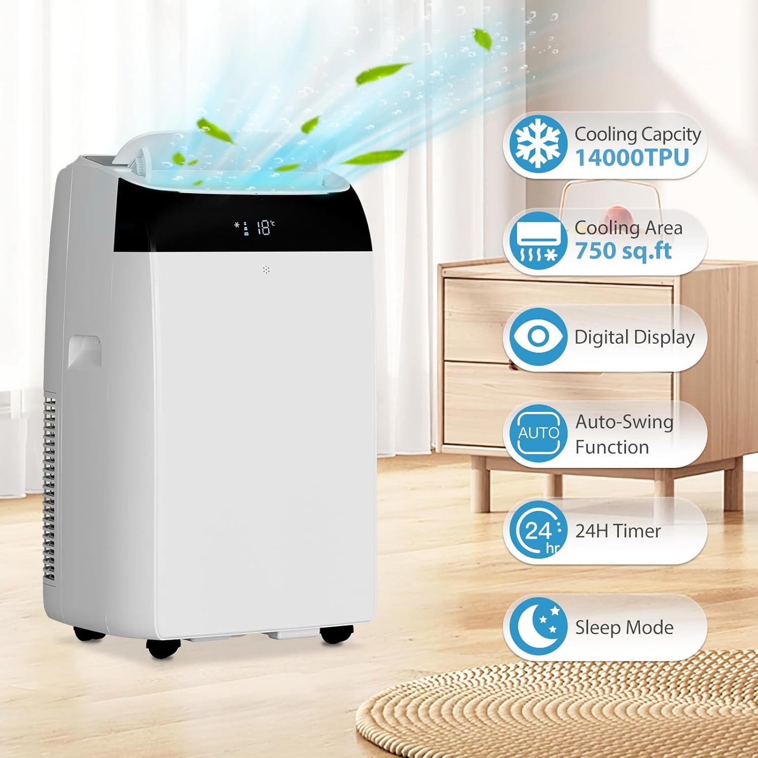 14,000 Btu Portable Air Conditioner, 3 in 1 Air Conditioner with Dehumidifier & Fan Modes, Energy-Efficient, Ultra-Quiet AC Unit with Remote Control & 24H Timer,White