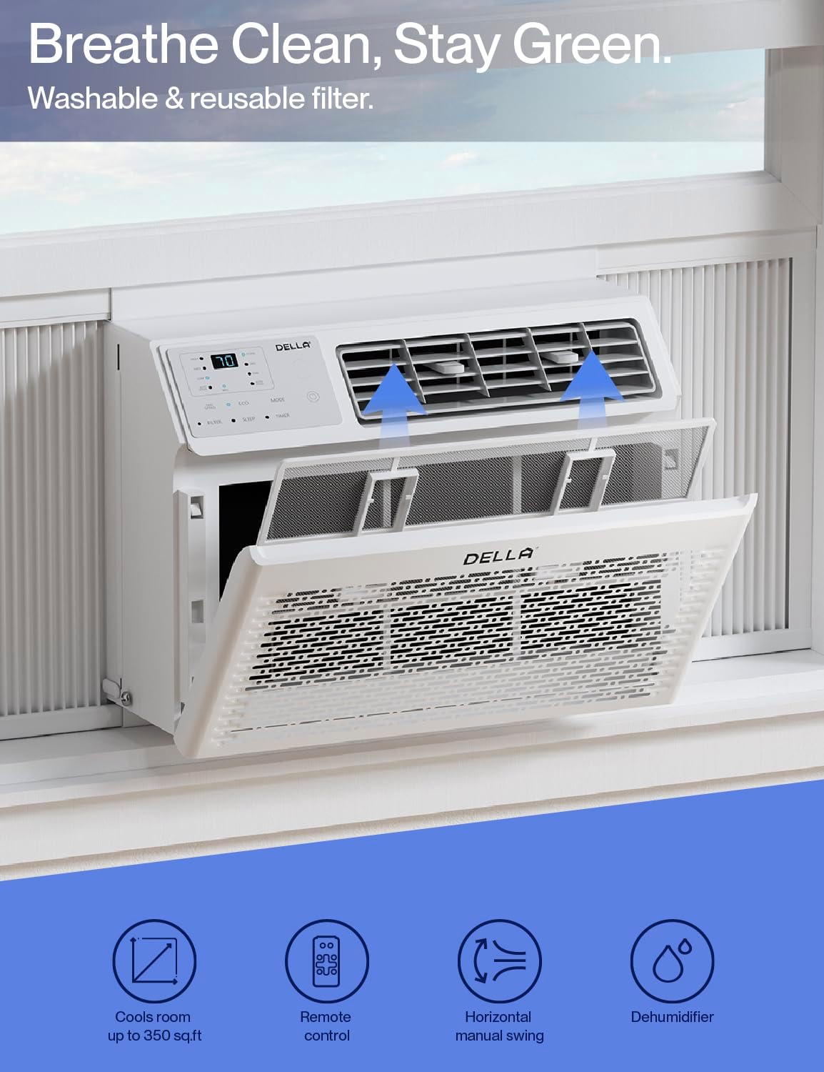 DELLA 8000 BTU Energy Saving Window Air Conditioner, Work with Alexa, Cools Up to 350 Sq. Ft, GEO Location, AC Unit with WIFI Smart Controls, Remote, Dehumidifier, Fan, Reusable Filter, Easy Install