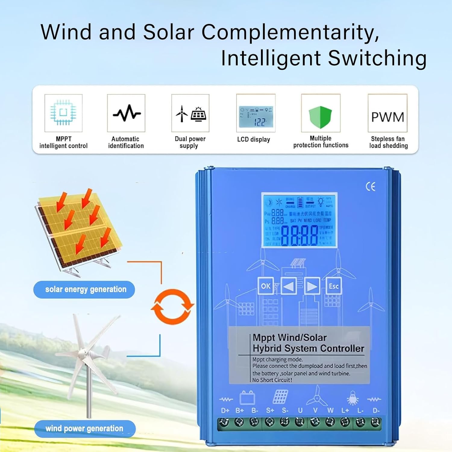 1000W Wind Solar Hybrid Charge Controller 12V 24V 48V MPPT Boost Charge Regulator with LCD Display and Dump Load for Home Street Light Controller 24/48V