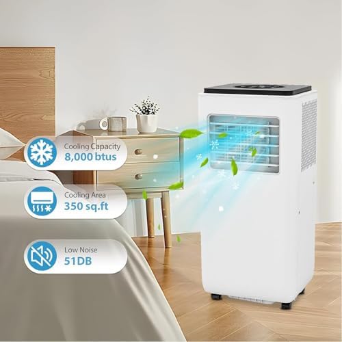 8000BTU Portable Air Conditioner, 3-in-1 Air Conditioner, Cooling Area up to 350 Sq. Ft. Room Air Conditioner with Remote Control/Cooling/Fan/Dehumidifier for Home, Office, Bedroom, White&Black