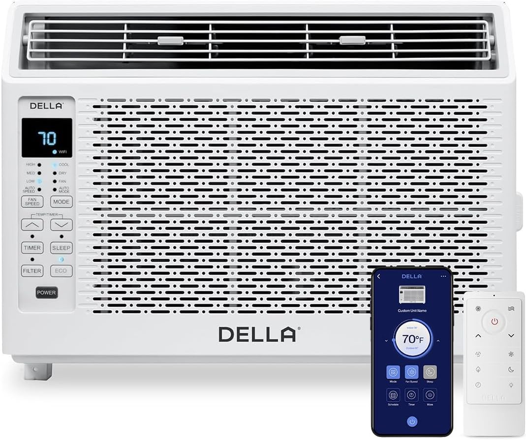 DELLA 6000 BTU Energy Saving Window Air Conditioner, Cools Up to 250 Sq. Ft, Work with Alexa, GEO Location, AC Unit with WIFI Smart Controls, Remote, Dehumidifier, Fan, Reusable Filter, Easy Install