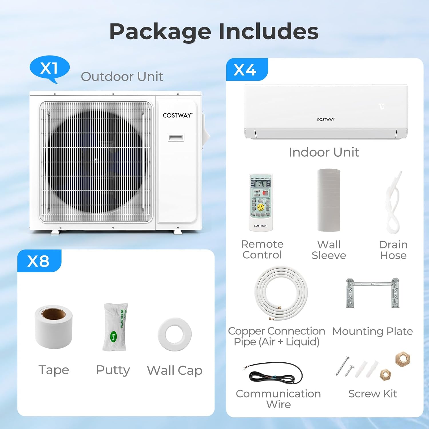 COSTWAY 30k Quad 4 Zone Mini Split Air Conditioner, 23 SEER2, 7k+7k+7k+12k BTU, 208-230V, Wifi Enabled Multi Zones Mini Split AC Heat Pump Full Set, Ductless Energy Star