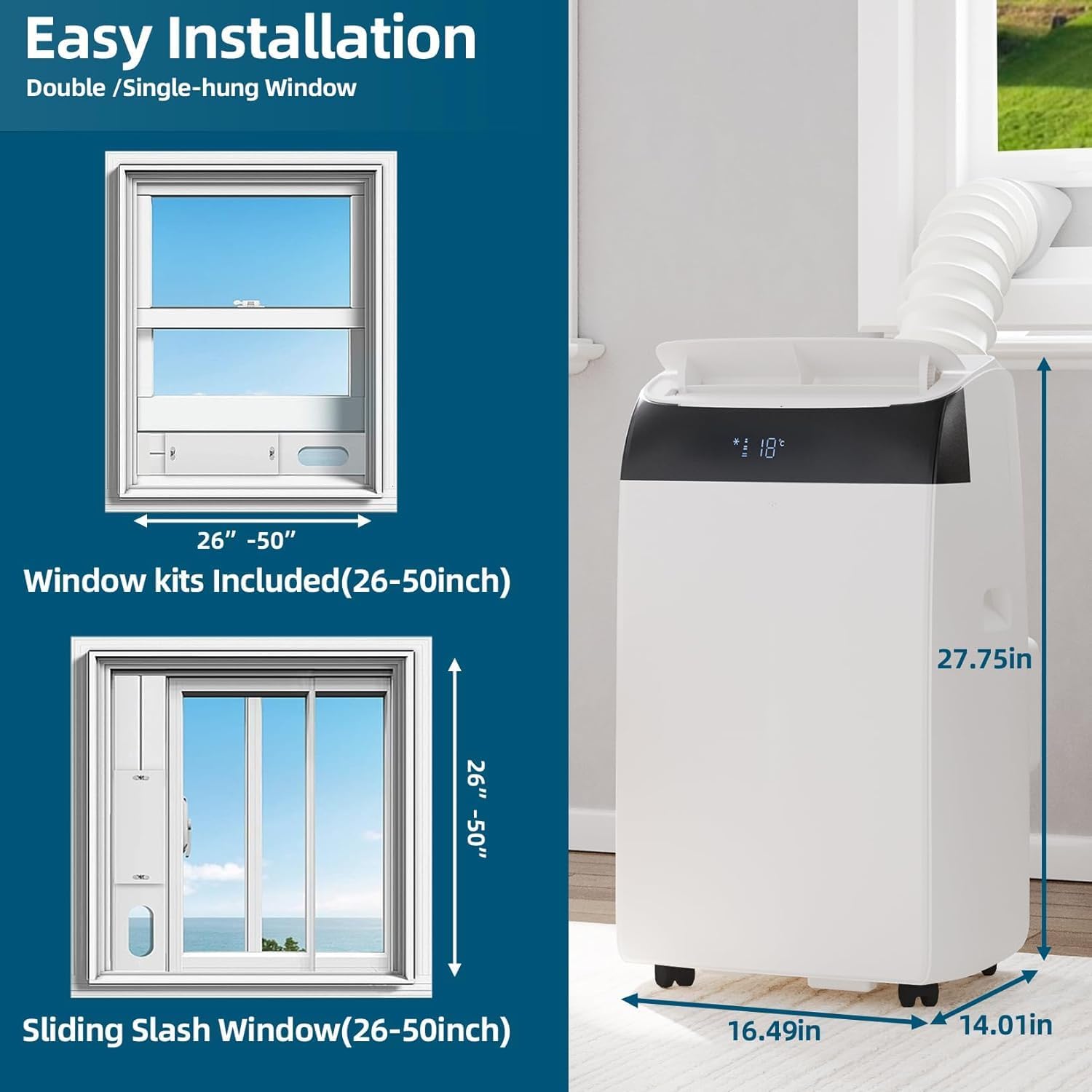 14000 BTU Portable Air Conditioner for Room Up to 750 Sq.Ft with Remote Control, 3-in-1 Cooling AC Unit with Fan & Dehumidifier & Heat Function, Energy Saving, Smart/Sleep Mode, 24H Timer, Auto Swing