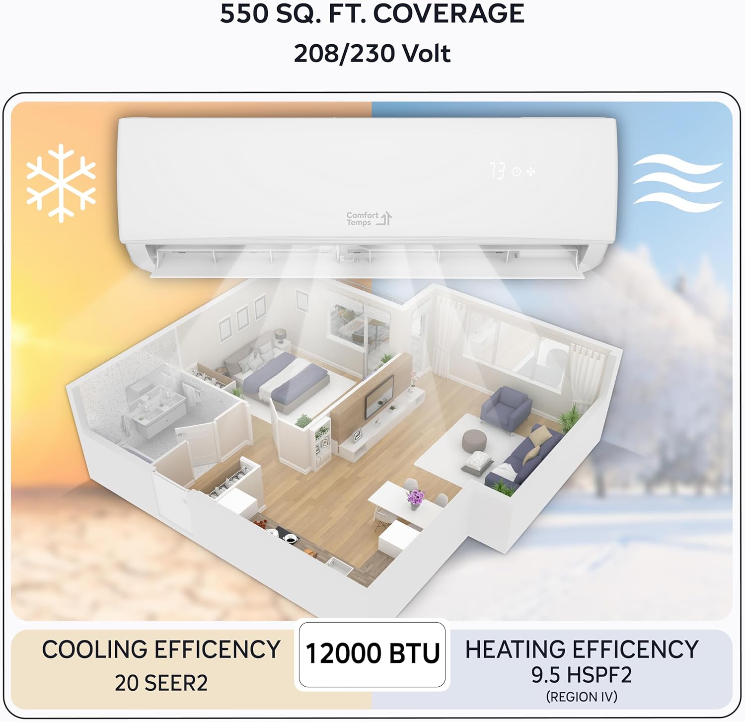 Energy-Saving 12000 BTU Minisplit Systems 110V – 20.5 SEER, Pre-Charged, Ductless, Quiet & Comfortable Mini Split AC/Heating System with WiFi & Complete Easy Install Kit -Elite Series by Comfort Temps