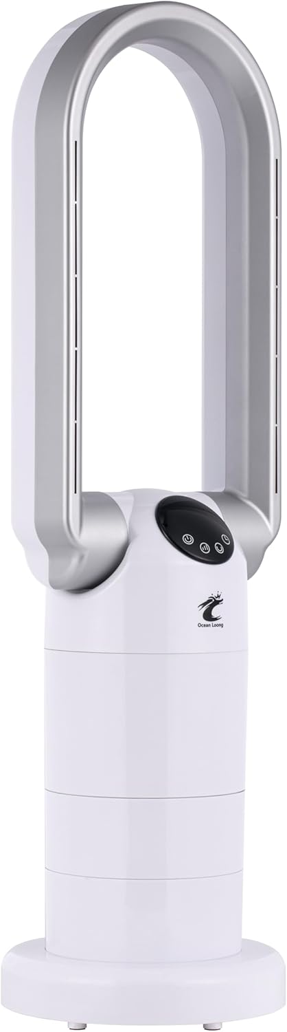 Ocean Loong 1500W Bladeless Tower Fan & Space Heater Combo for Home with Remote Control Timer Oscillation Tip-Over Switch and Adjustable Thermostat, 29” Silver