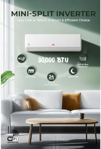PG 30,000 BTU 2.5-Ton Mini-Split Inverter+ Heat Pump with WiFi, 220V/230V, Powerful Single-Zone AC & Heater for 1,300 Sq Ft | Includes Smart LED Bulb A19 with Voice Control & Google, Alexa