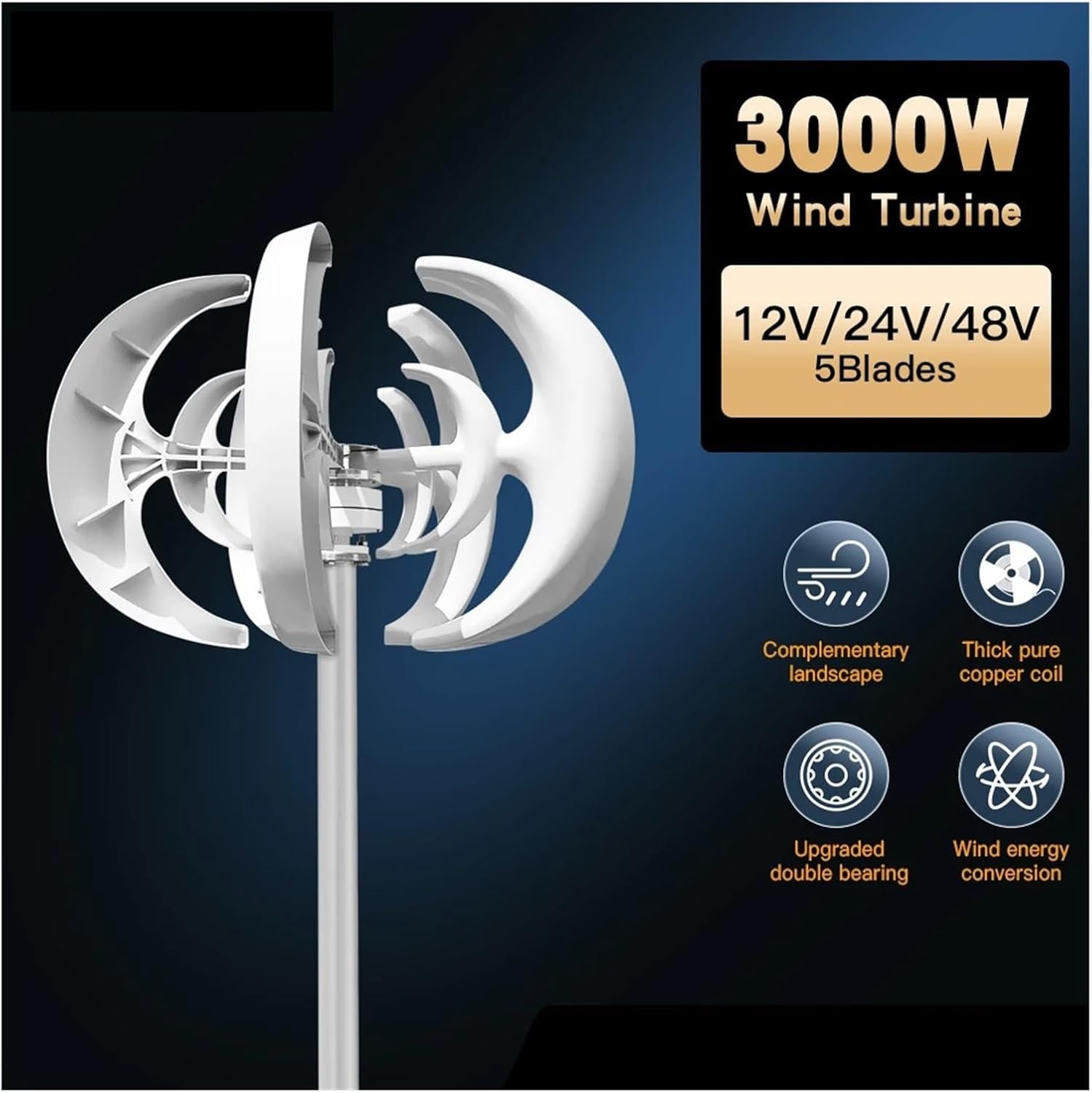 3000W 24V 48V Vertical Wind Turbine Small Wind Turbine Home Use Low Noise High Efficiency Industrial Energy(White,MPPT Control_48V)