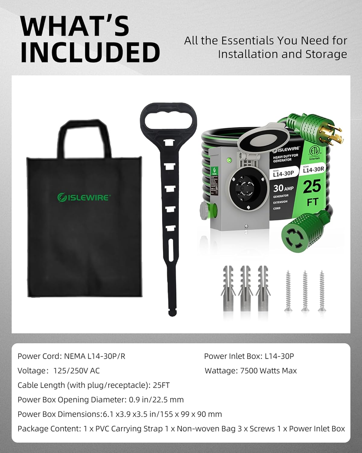 30 Amp 25FT Generator Cord and Power Inlet Box Kit, NEMA L14-30P to L14-30R, 4-Prong Generator Cord 10 AWG with Twist Lock Connector, Pre-Drilled 30 Amp Inlet Box, ETL Listed, Ready for Emergency Use