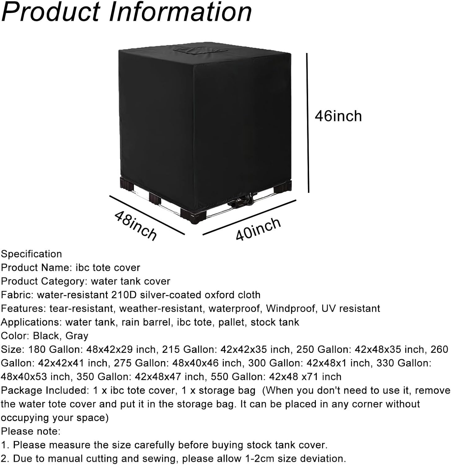 IBC Tote Cover for Outdoor Furniture, All-weather Durable Tear-resistant Sunshade Waterproof Hood for Ibc Container, Rain Barrel and Garden Water Tank, with Storage Bag(Gray,275 Gallon)