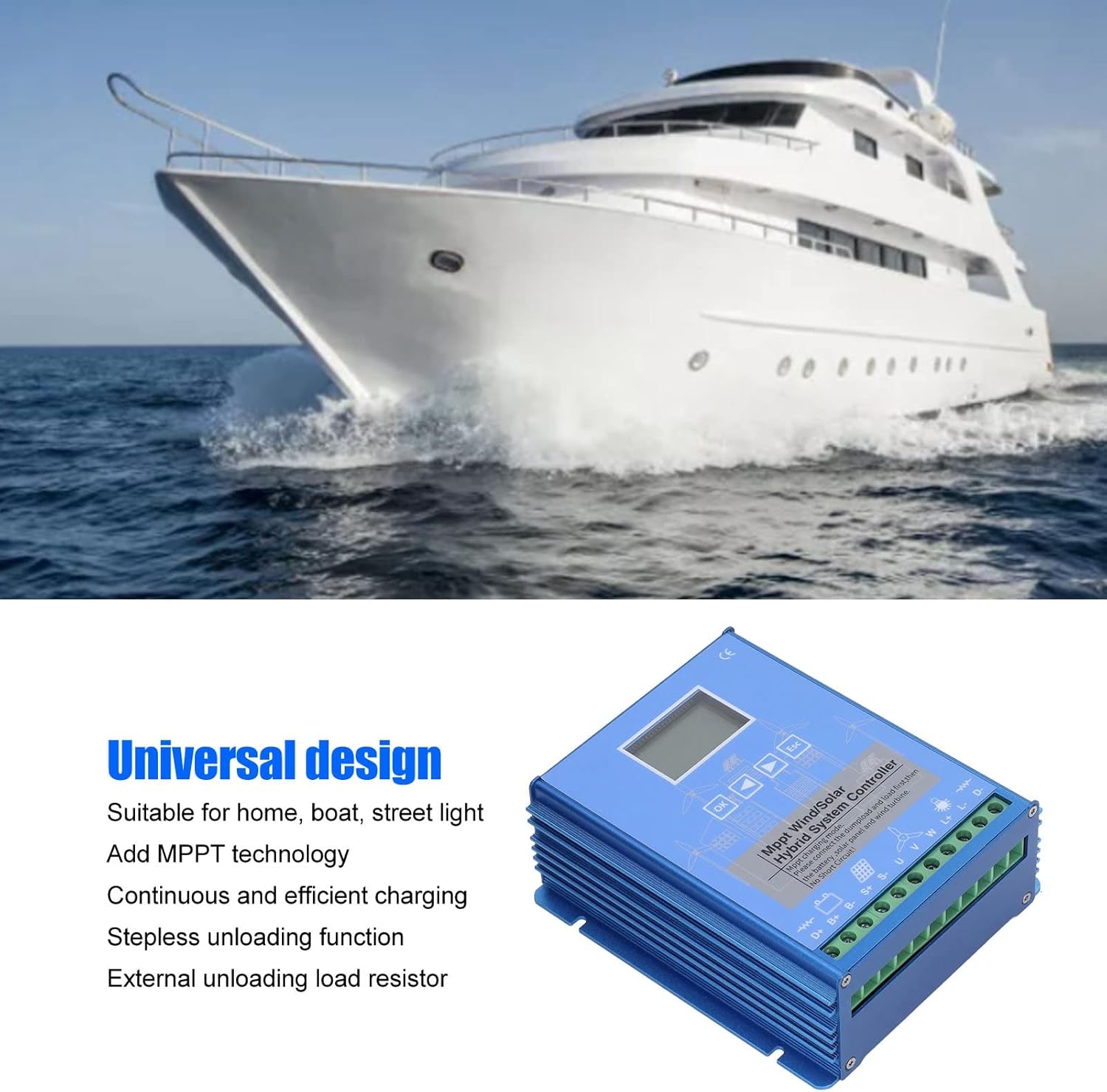 24V 48V MPPT Wind Solar Hybrid Controller, Universal LCD Energy Charge Controller, Wind 1000W Photovoltaic 1000W - Pressurized MPPT Technology, Stepless Unloading Function, Battery Compatible