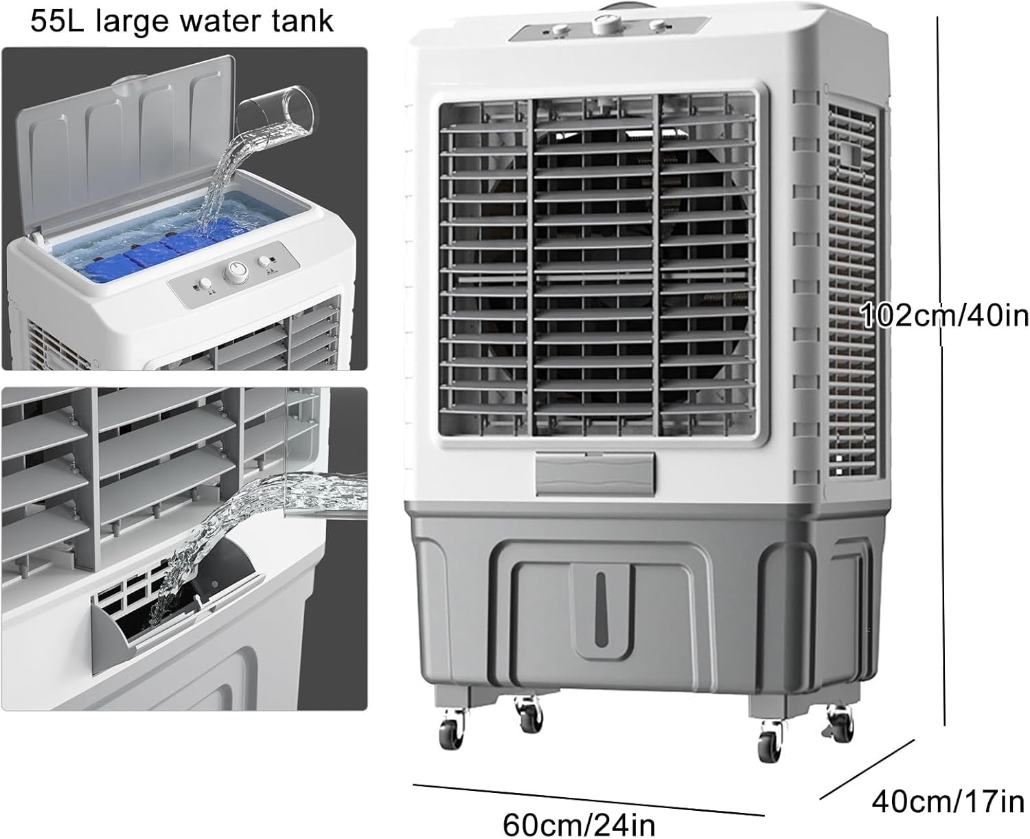 Air Coolers for Home 3 in 1 Evaporative Air Cooler, 3 Speeds Portable Room Air Conditioner, 4 Ice Crystal Boxes & 55L Water Tank, Auto Oscillation