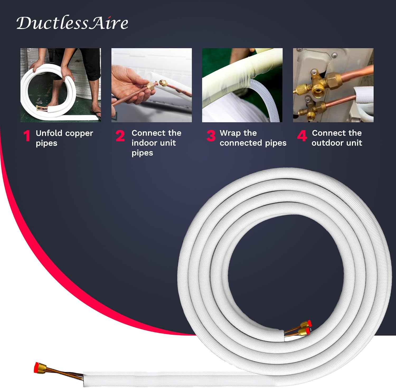 DuctlessAire Insulated Copper Twin Line Set for Ductless Mini Split Air Conditioner and Heat Pump System - Insulation Copper Pipe Coil Tubing for HVAC, AC & More - Universal Cover (25ft, 3/8 x 5/8 in)