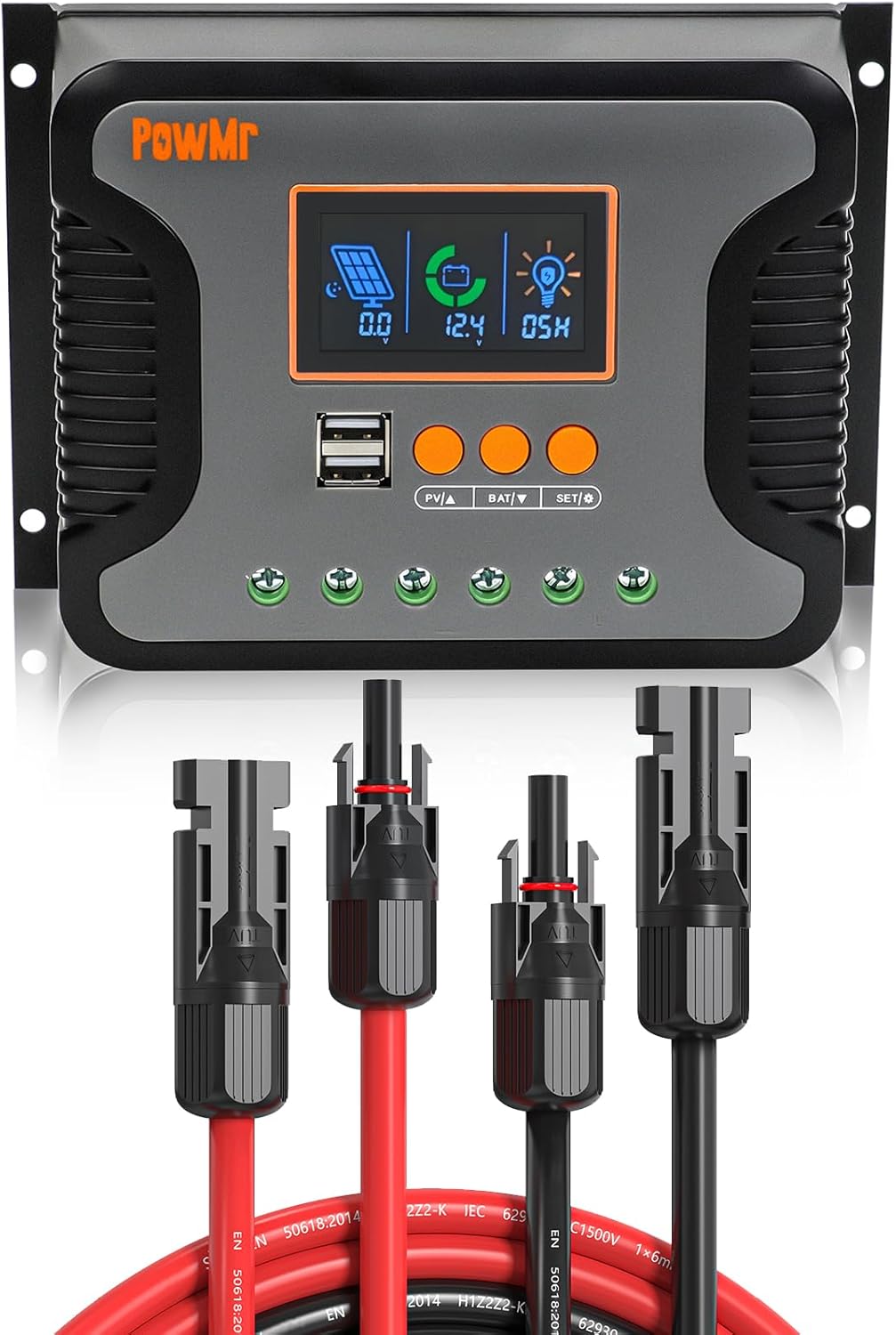 60A Solar Charge Controller 12V 24V 36V 48V Auto, Solar Panel Charge Regulator & 40 Feet Solar Cable 10AWG