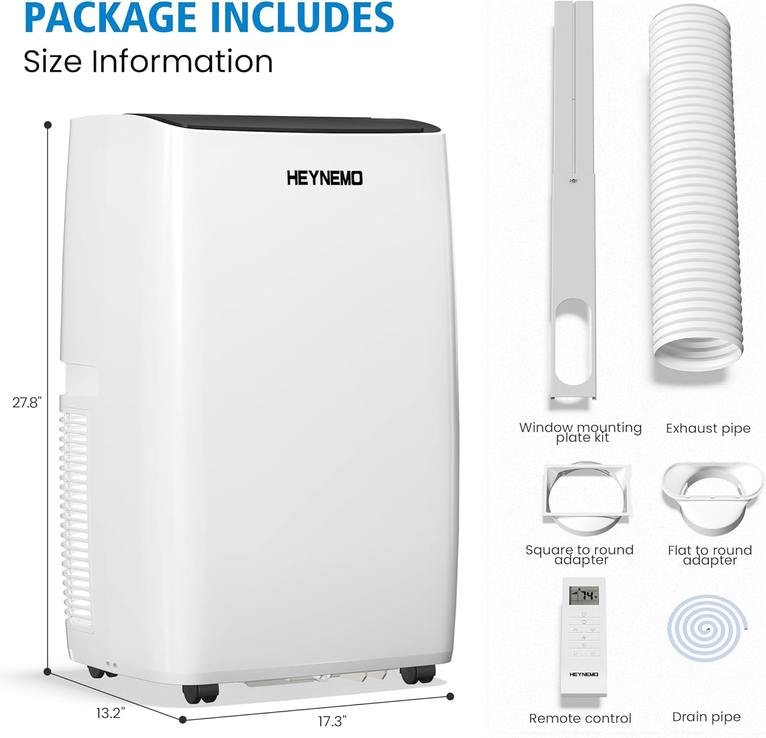 Heynemo 14,000 BTU 3-in-1 Portable Air Conditioner with Heat, Dehumidifier & Fan, Smart WiFi Control, Quiet AC for Bedroom, Office, Living Room, Easy Install, White