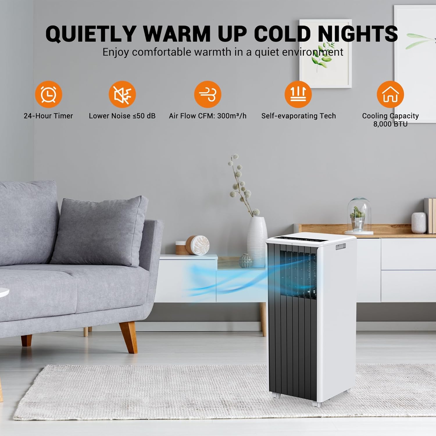 Portable Air Conditioner, 8000 BTU for Rooms Up to 350 Sq.Ft. Quiet Cooling w/Remote & 24H Timer, Energy Saving AC for Small Rooms, Bedrooms, Offices, Dormitories, Black