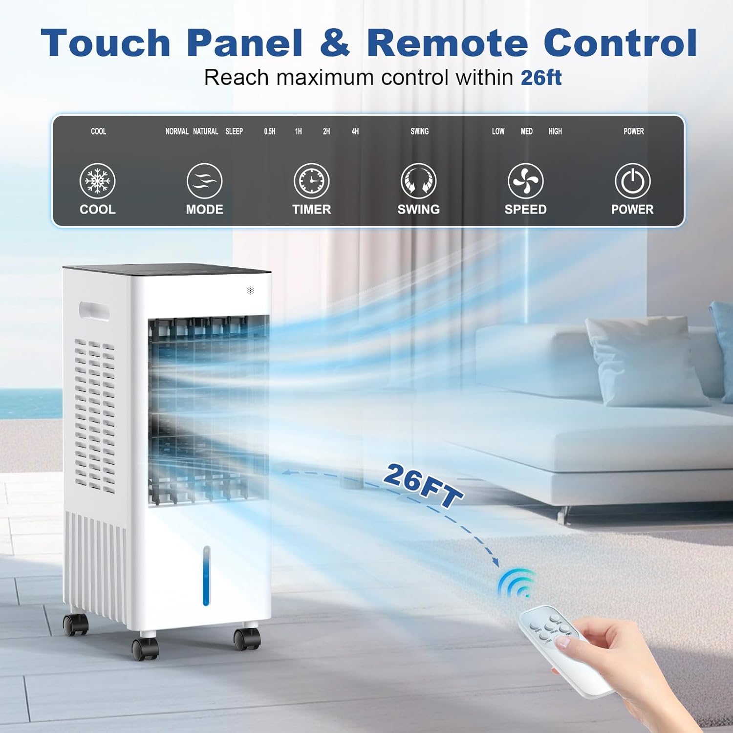 Portable Air Conditioners, 3-IN-1 Portable AC Unit w/2.6 Gal Tank for 24H Cooling, 4 Modes & 3 Speeds, Windowless Air Conditioner w/7.5H Timer, Smart Remote, Swamp Cooler Air Conditioner for Bedroom