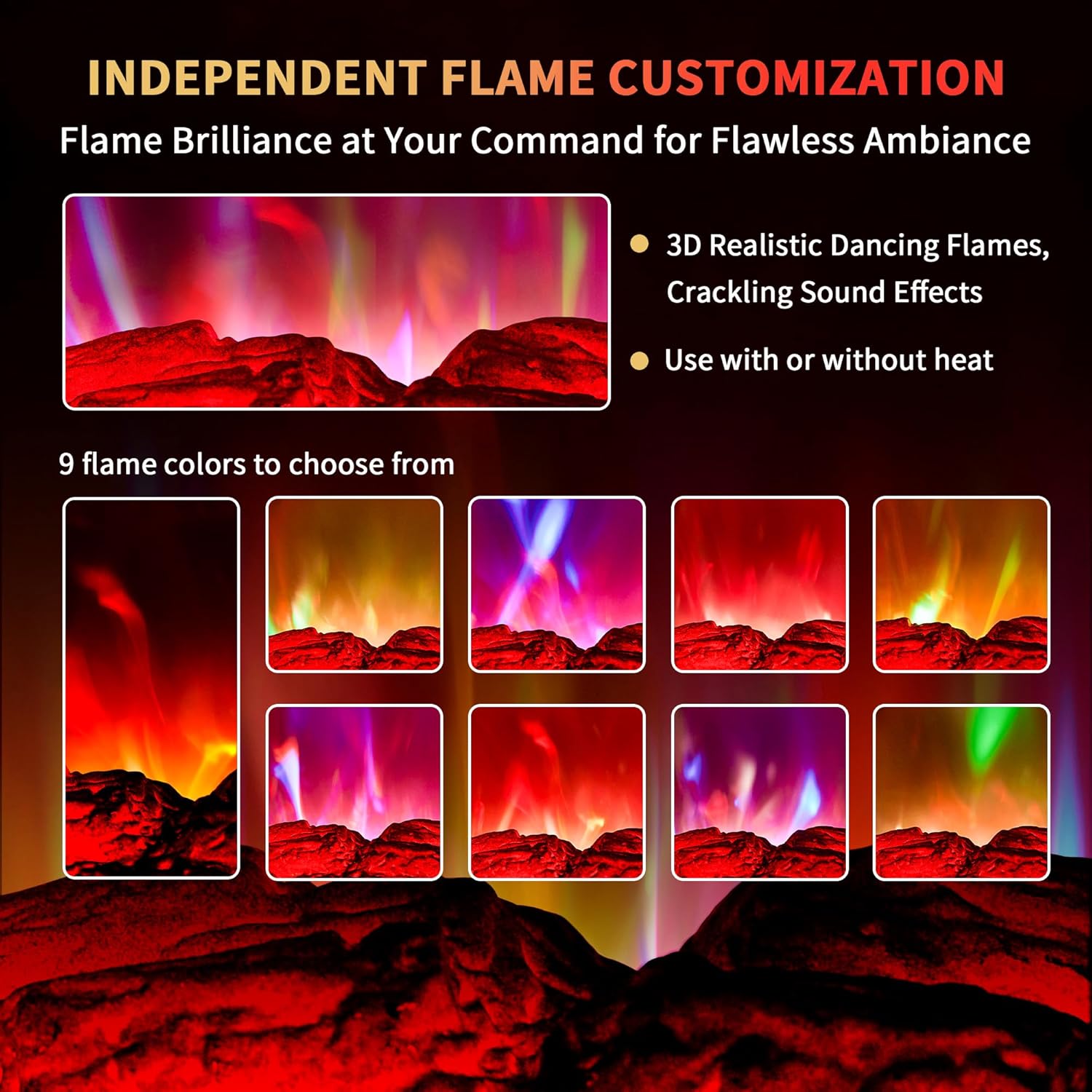 RealSmart Electric Fireplace Heater 22 in Freestanding Fireplace Stove Infrared Quartz Fireplace for Idoor Use with 3D Flame Effect Remoted Control, Timer, Overheating Protection Black