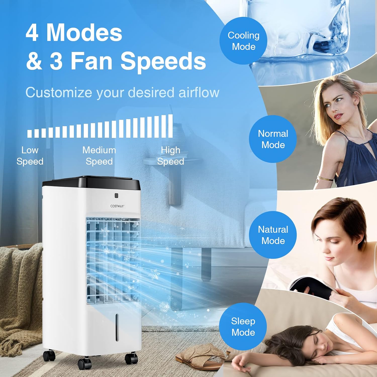 COSTWAY 3-in-1 Evaporative Air Cooler, Quiet Personal Swamp Cooler with Remote Control, 70° Oscillation, 12H Timer, 3 Speeds, 2 Ice Boxes, Portable Air Cooler Fan for Room Bedroom Home Office