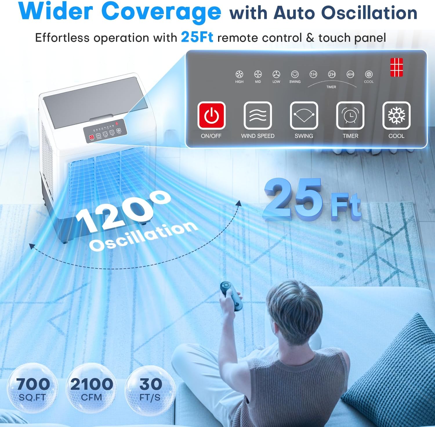 FANCOLE Windowless Air Conditioner, 2100CFM Evaporative Air Cooler with 4 Ice Packs, 700 Sq.ft Swamp Cooler Air Conditioner No Windows Needed w/3Mode & 3Speed, 7H Timer & Remote for Room Garage Patio