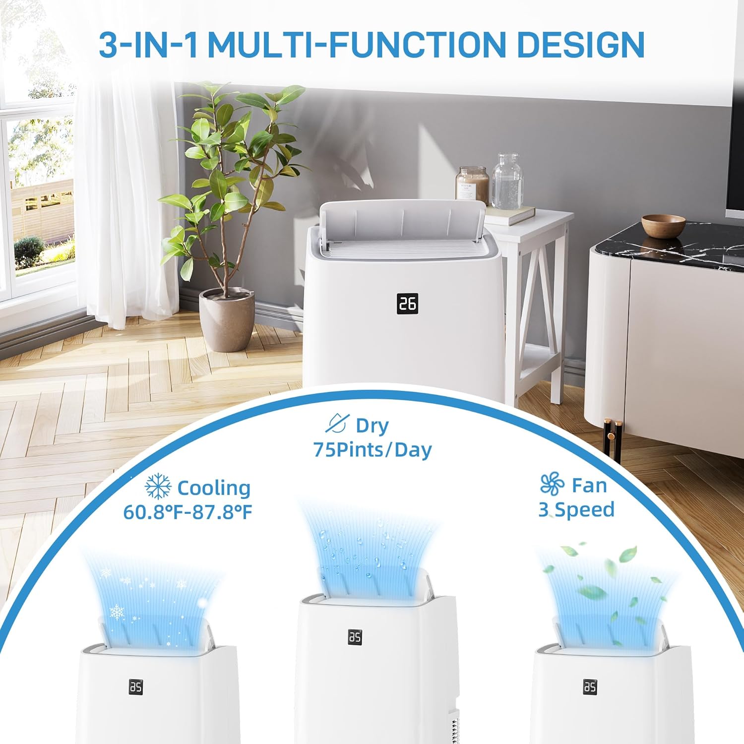 Portable Air Conditioners, 14000 BTU AC Unit for Rooms Up to 750 Sq.Ft. 3-In-1 Portable AC with Fast Cooling, Dehumidifier & Three Speed Fan, 24H Timer/Remote Control/Quiet, White LED Control Panel