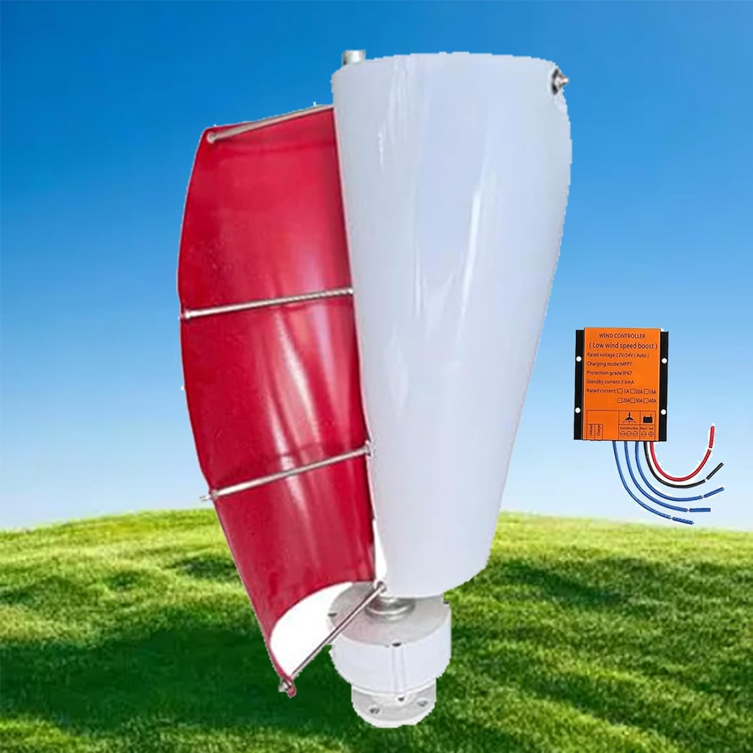 16000W Magnetic Levitation Vertical Axis Wind Turbine Generator Kit with MPPT Controller for Home, Street Lighting, Boat - 12V Red Wind Power Solution