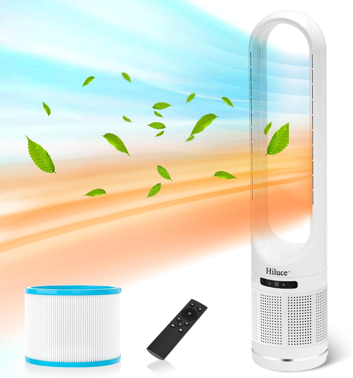 Space Heater Tower Bladeless Fan, Heater and Cooler Fan Combo with Remote,Installation Free Quiet 80°Oscillating, 8 Speeds, 9H Timer, HEPA Filter, 32 inch Large