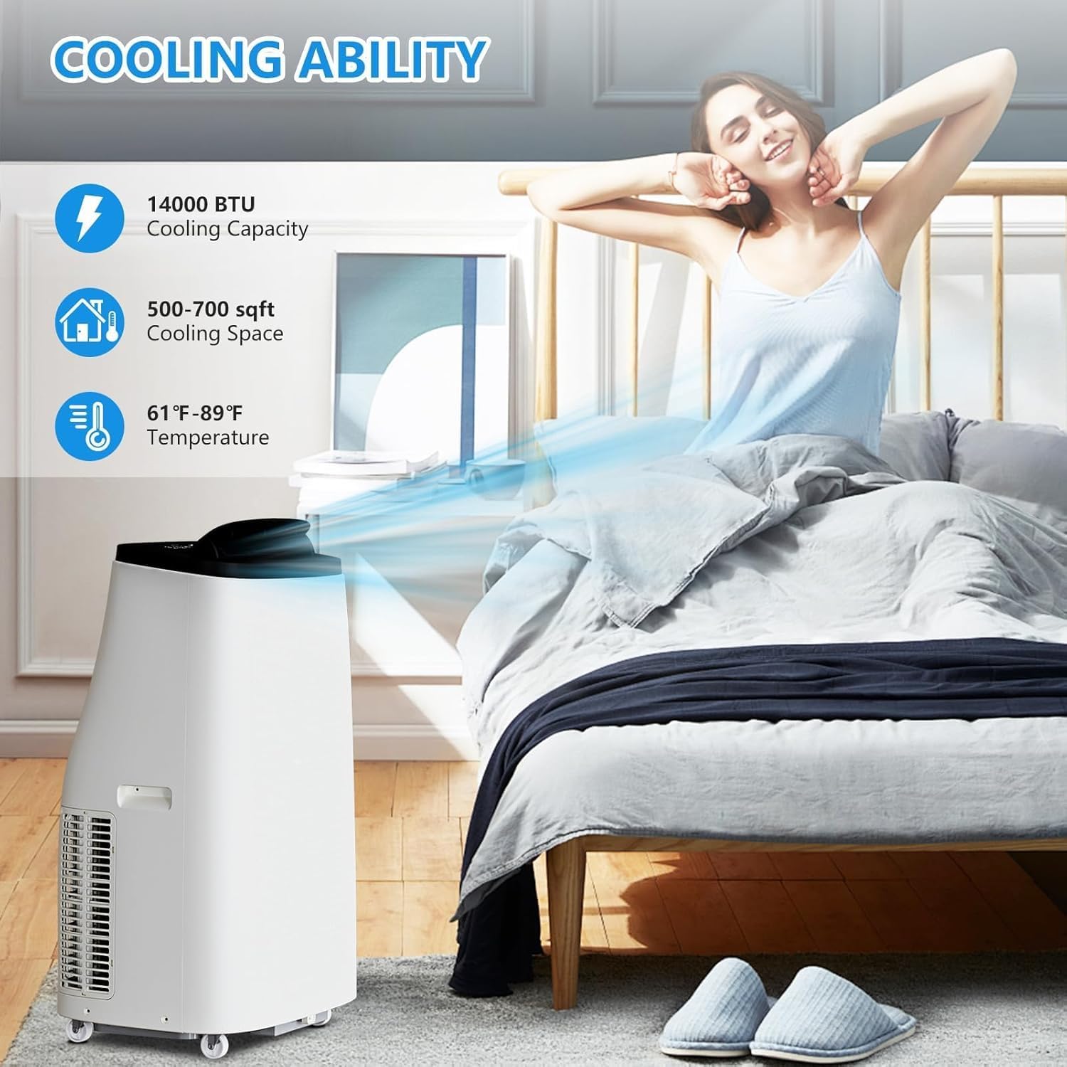 Garvee Portable Air Conditioner 14,000 BTU with Hose, Cools Rooms Up to 750 Sq. Ft, Dehumidifier, Heater, Smart Inverter Portable AC Units with Remote, Ultra-Quiet Cooling, LED Display, 24H Timer