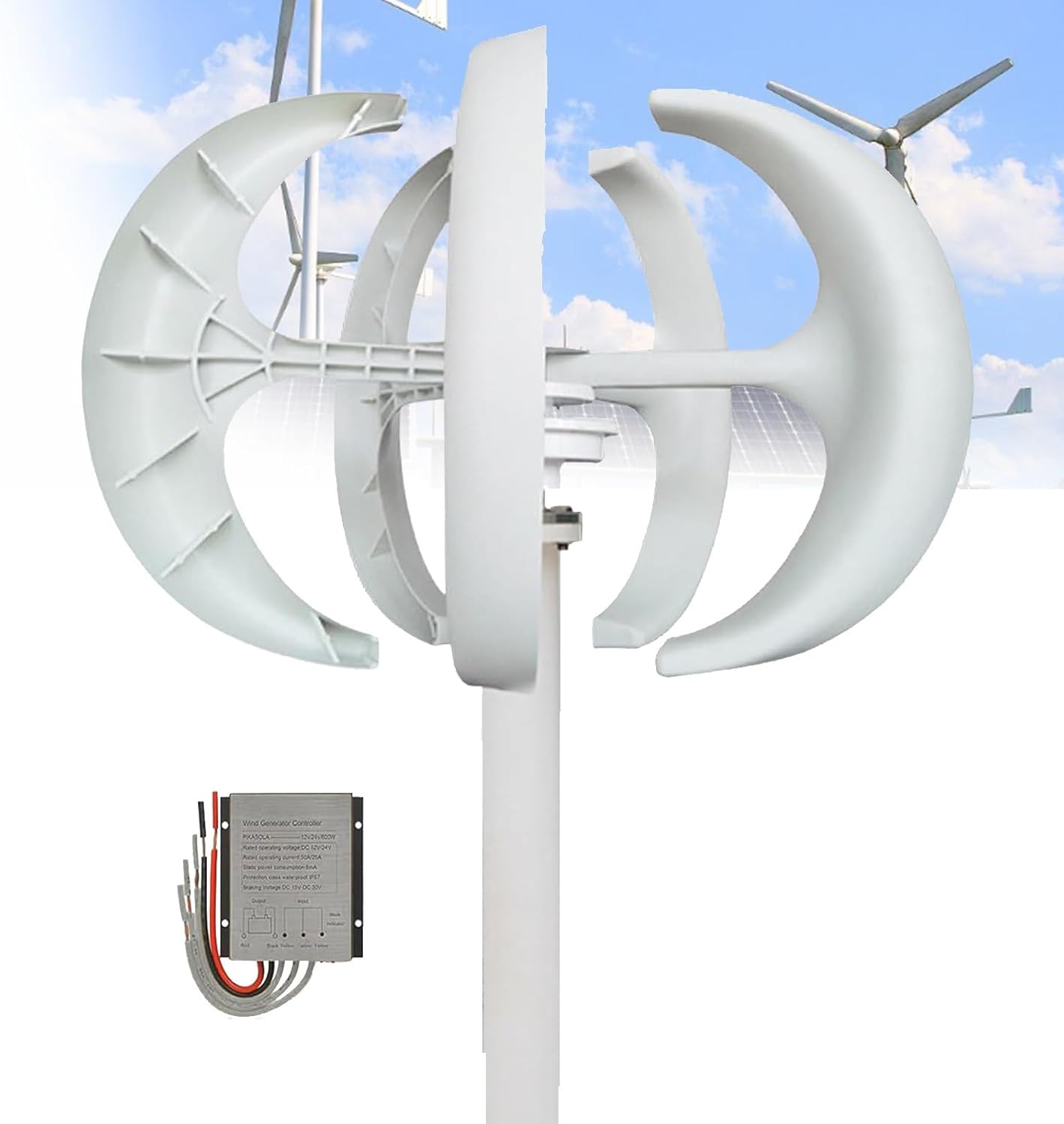 High Efficiency 16000W Wind Turbine 12V 24V 48V, 5 Blade Vertical Axis Generator, 3 Phase AC Permanent Magnet Kit with Controller for Hybrid Wind Solar Systems (White, 12V)