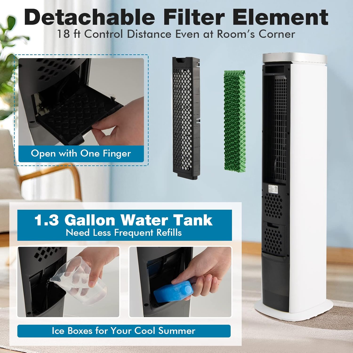 COSTWAY Evaporative Air Cooler, 40-Inch Bladeless Tower Cooler with Remote Control, 4 Ice Packs, 4 Speeds, 7H Timer, 60°Oscillation, Quiet Portable Swamp Cooler Fan for Bedroom Home Office