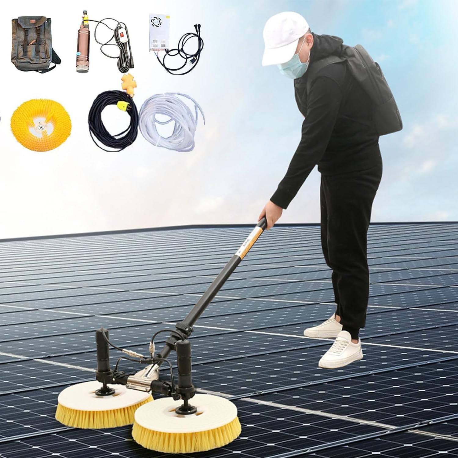 24.6 FT Solar Panel Cleaning Tool, Solar Panel Cleaning Brush and Pole Water Fed Pole Kit, Double Head Automatic Window Glass Washing Equipment, with Converter,7.5M-MainsElectricity