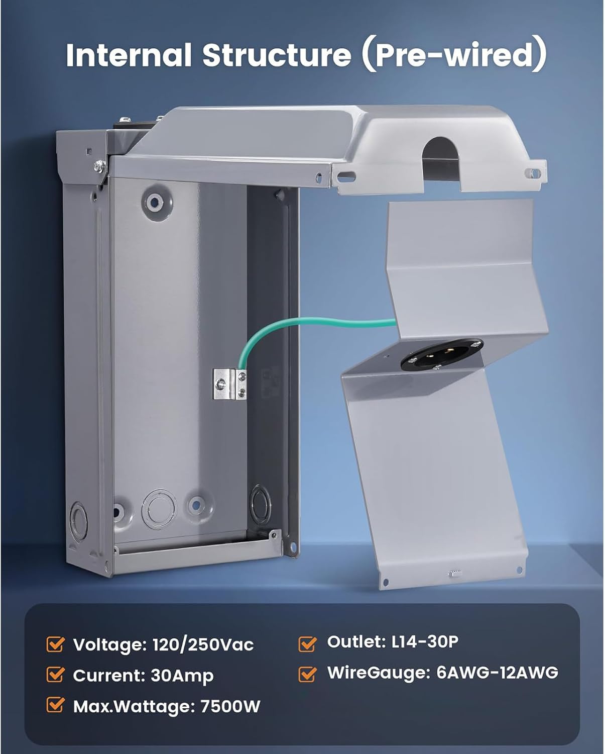 30 Amp Generator Power Box Stainless Steel Rainproof 7500W with Removable Knockout Holes for Outdoor Residential Commercial Use