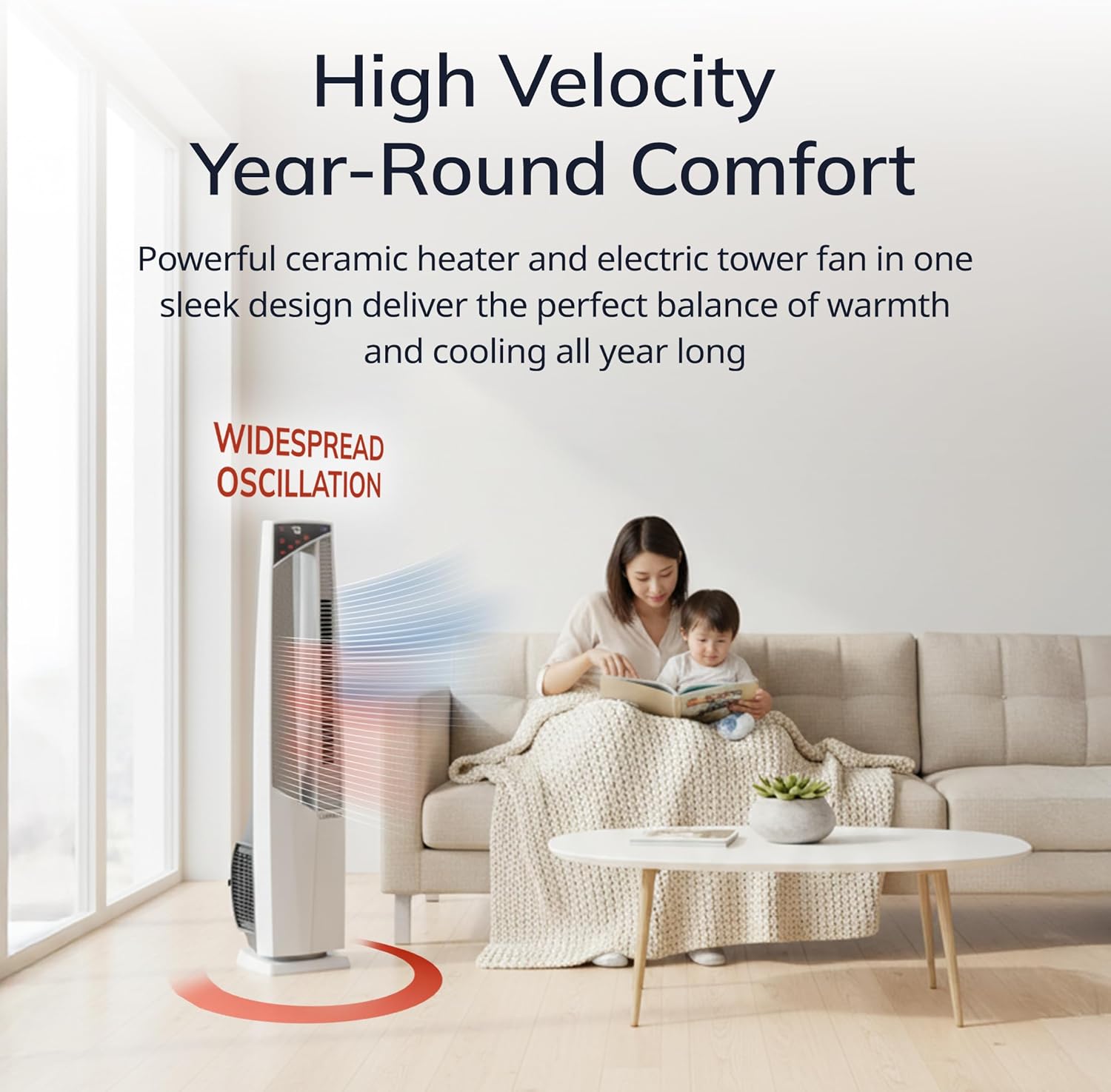 Lasko Oscillating Hybrid Fan and Space Heater for Home, All Season High Velocity Hybrid with Tip-Over Switch, Remote Control, Timer and Thermostat, 37.5 Inches, White, 1500W, FHV820