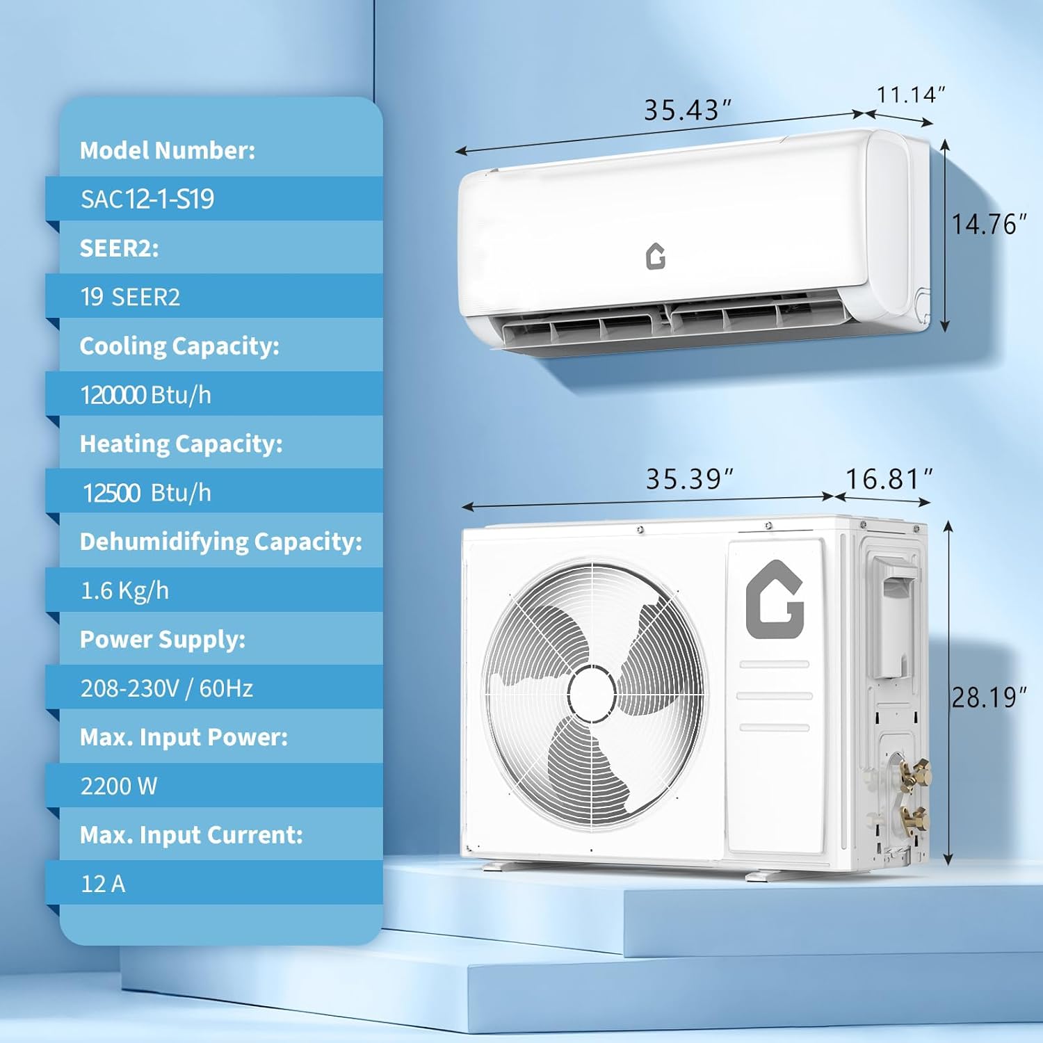 Garvee 12,000K BTU Split Air Conditioner and Heater, SEER2 19, 208-230V, All- Season Application, Remote Control, Sleep Mode, Timer Function, for Bedroom, Living Room and Space up to 750 Sq Ft
