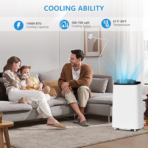 Portable 14000 BTU Air Conditioner, Fan & Dehumidifier, 4-in-1 AC Unit with Cooling, for Rooms Up to 700 Sq.Ft, Includes Remote Control, Sleep Mode, Auto Swing & 24h Timer