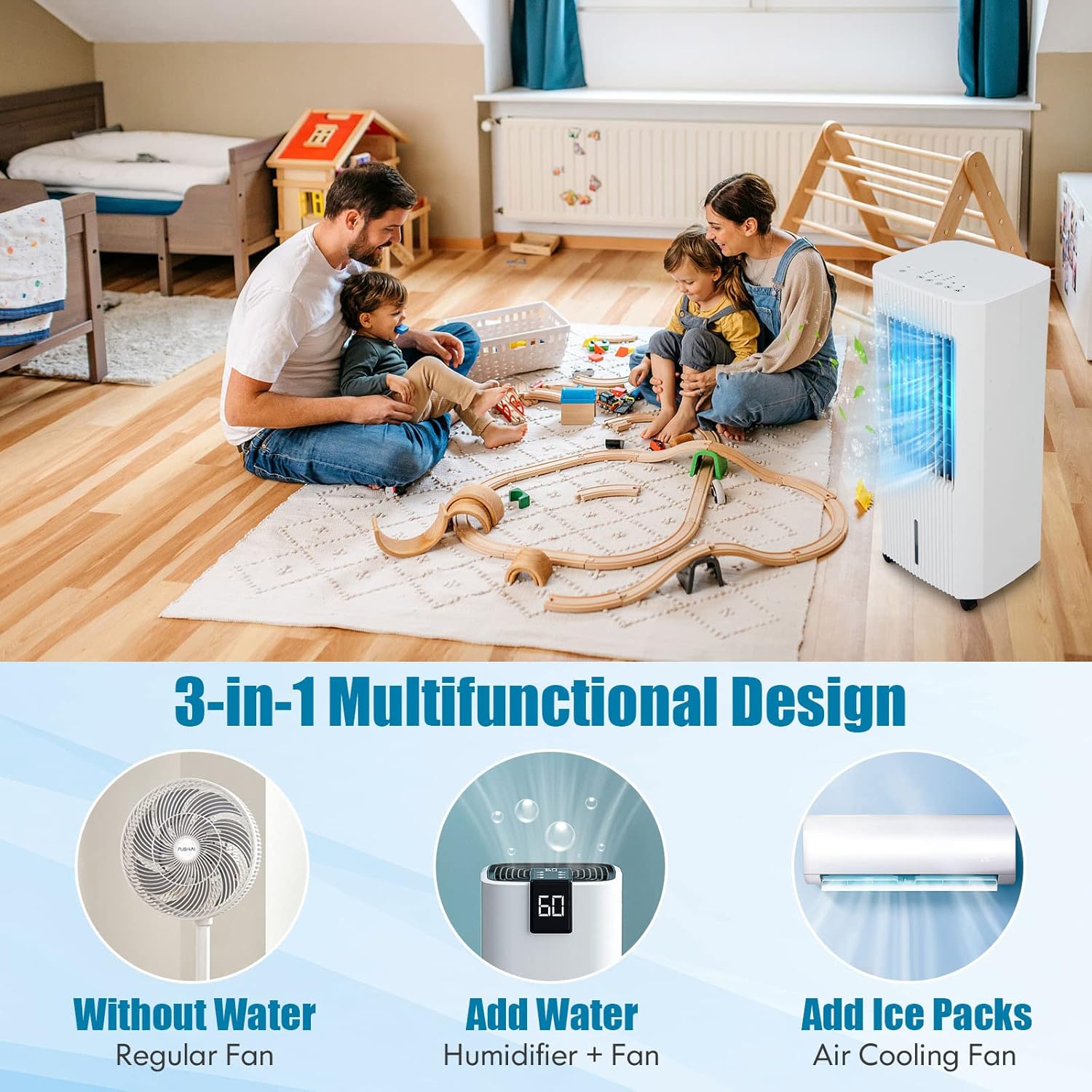 LDAILY 3-In-1 Evaporative Air Cooler w/Humidifier & Fan, Portable Rolling Windowless Swamp Cooler w/Remote Control & 2 Iced Boxes, 60° Oscillation Cooling Fan w/ 15H Timer & 1.3 Gal Water Tank