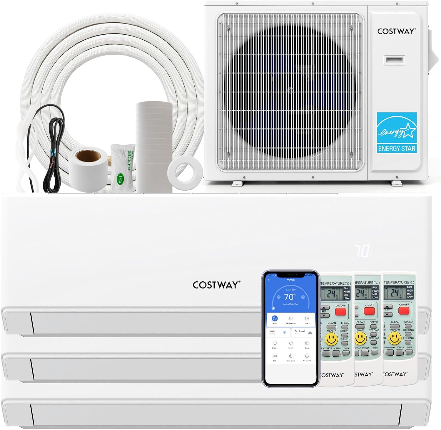 COSTWAY 30k Tri 3 Zone Mini Split Air Conditioner, 23 SEER2, 9k+12k+12k BTU, 208-230V, Wifi Enabled Multi Zones Mini Split AC Heat Pump Full Set, Ductless Energy Star
