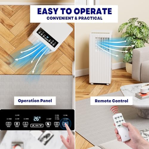 8000 Btu Portable Air Conditioner for Room Up to 350 Sq. Ft. Ac Unit Remote Controlled with Dehumidifier, Fan Mode, Efficient Cooling, Window Mount Exhaust Kit, 24Hrs Timer, White