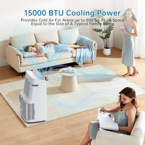 15000 BTU Portable Air Conditioner, Room Air Conditioners Cools Up to 350 Sq.Ft, Garage Cooling System With Dehumidifier and Fan Modes, Remote Control and Installation Kits