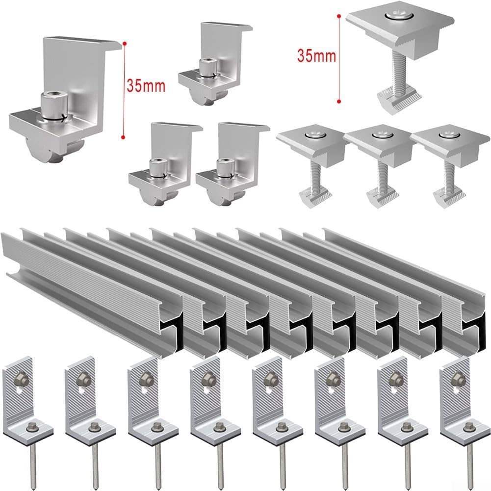 Aluminum Solar Panel Mounting Rail Kit, AL6005-T5 Anodized Profile, with End Clamps and L-Angles for Flat Roof or Metal Roof Photovoltaic Module Installation, Rustproof Design(For 3 solar panel 35mm)