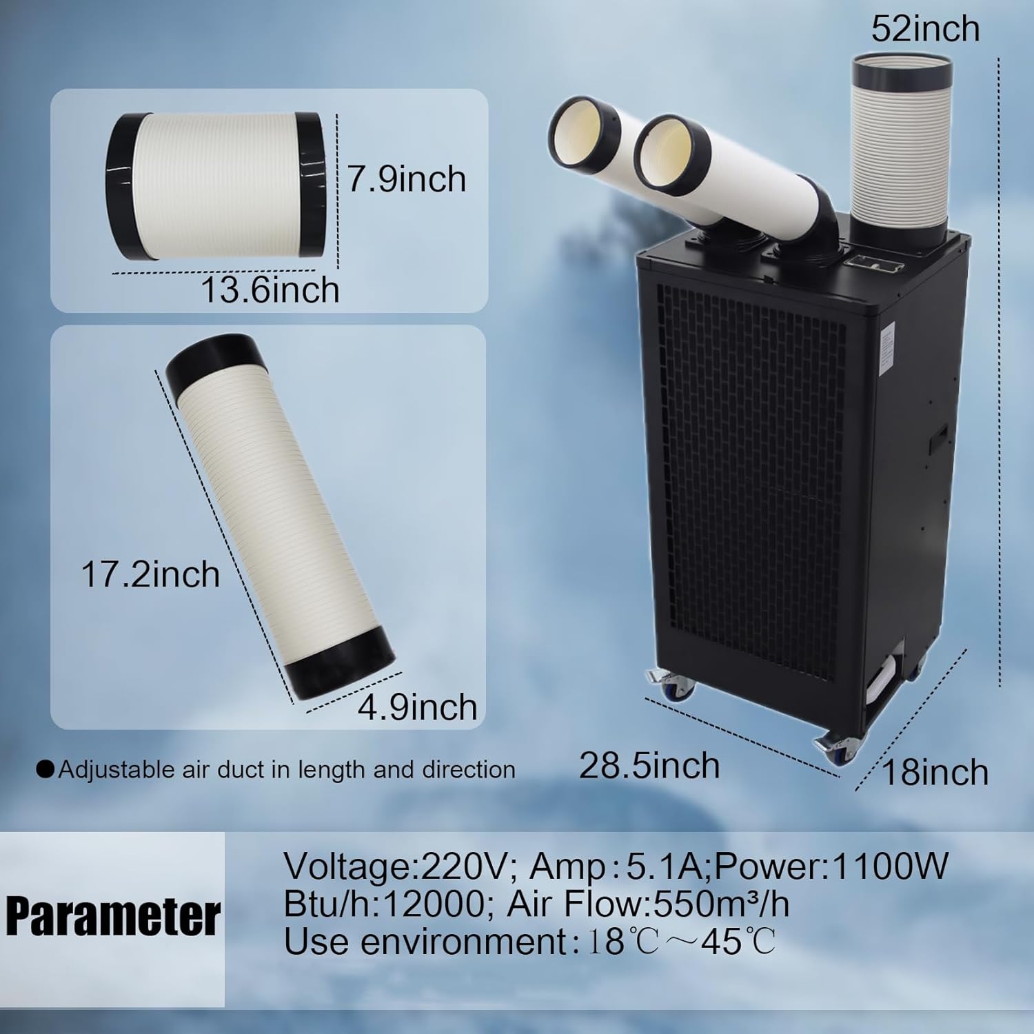 Industrial Air Conditioner Commercial Spot Cooler Indoor Outdoor 12000 Btu/h Mobile Air Conditioner 220V 1.1kw Dual-Column