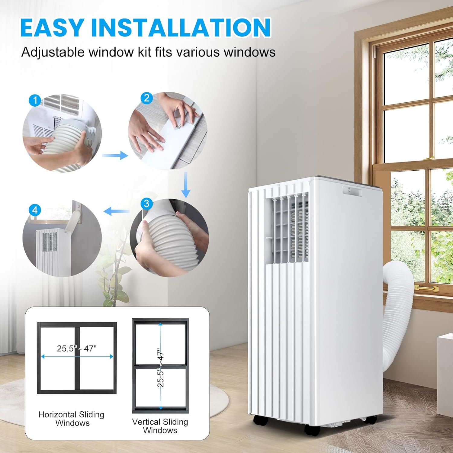 GAOMON Portable Air Conditioners with Built-in Dehumidifier Function, Fan Mode, Remote Control, for Room, Dorm, Office Quiet AC Unit, 24H Timer, Window Kit, 8000Btu Portable AC White