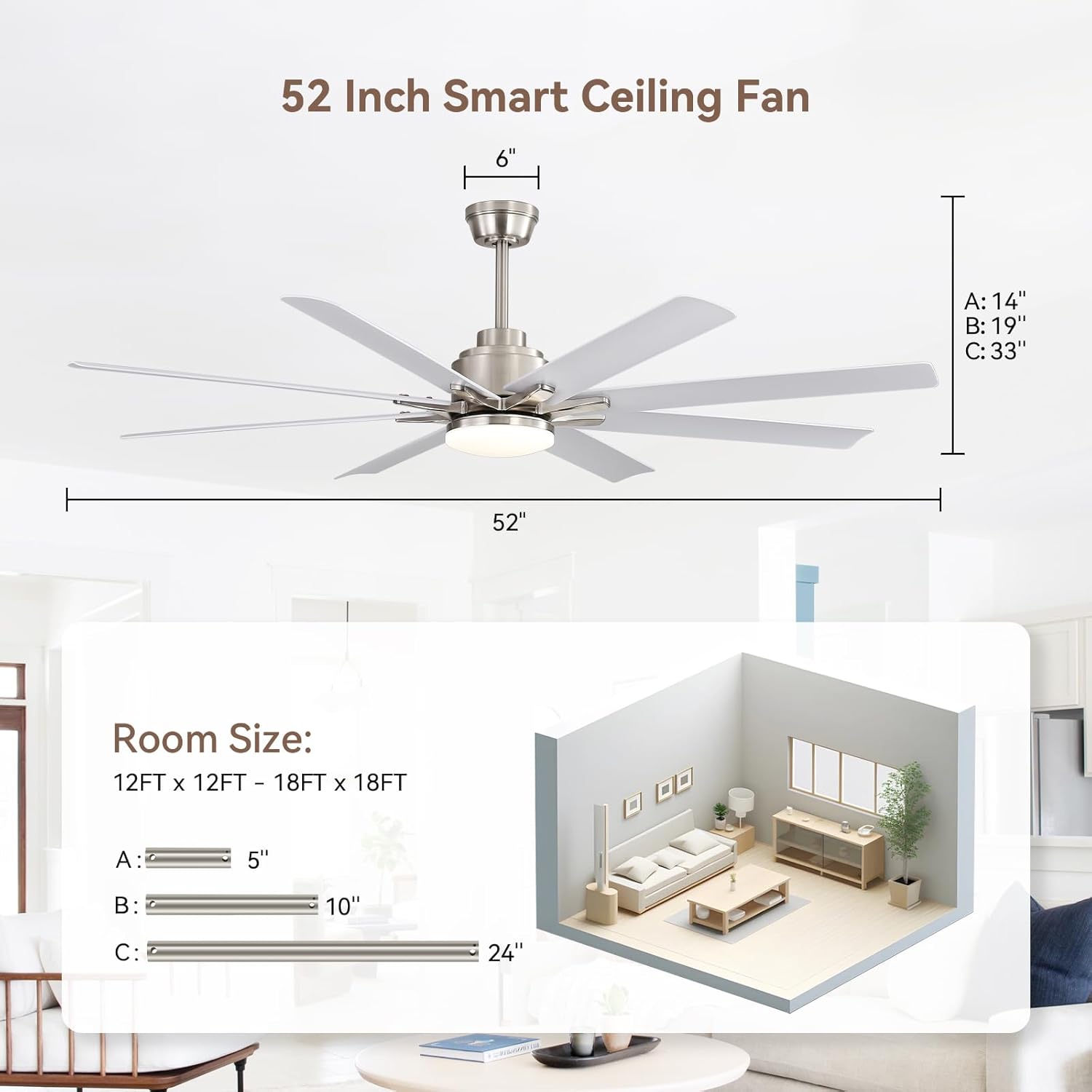 Sofucor Smart Ceiling Fan with Light, 52'' White Indoor/Outdoor Ceiling Fans with Remote Control, Work with Alexa/Google, Reversible DC Motor, ABS 8 Blades Ceiling Fans for Bedroom Living Room Patio