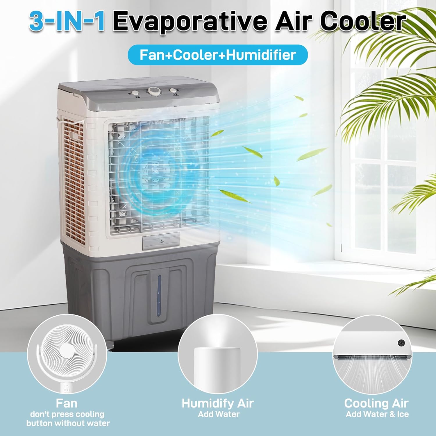 Portable Air Conditioners, 3 in 1 Portable Evaporative Cooler with 15.85 Gal Large Water Tank & Scroll Casters, 4 Ice Packs, Cooling Fan for Bedroom, Living Room, Office