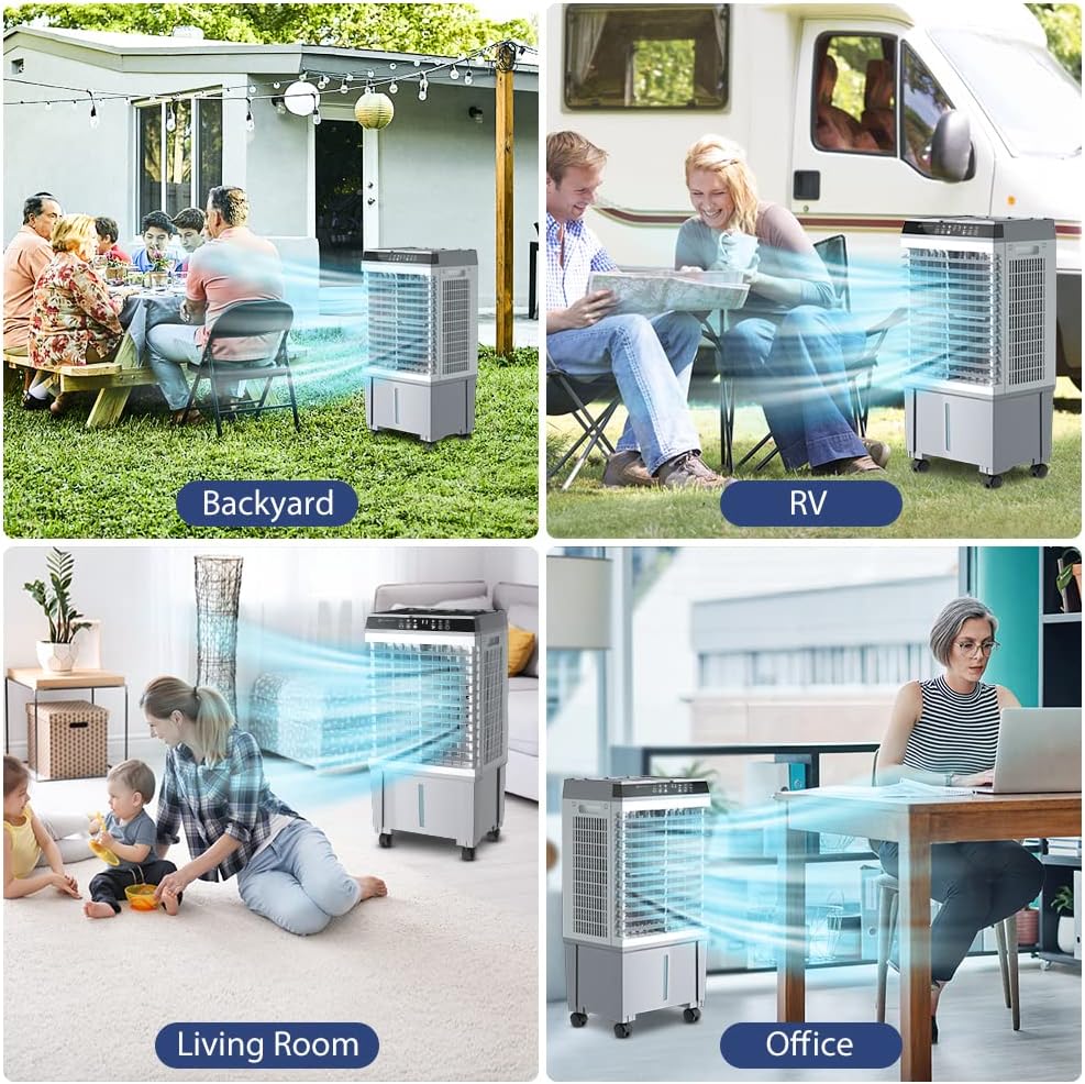 LifePlus Evaporative Air Cooler, 1800CFM Windowless Air Conditioner Portable for Large Room Commercial Garage Outdoor, 3 In 1 Swamp Cooler with Remote Control, 4 Ice Packs, 12H Timer, 5.3 Gallon