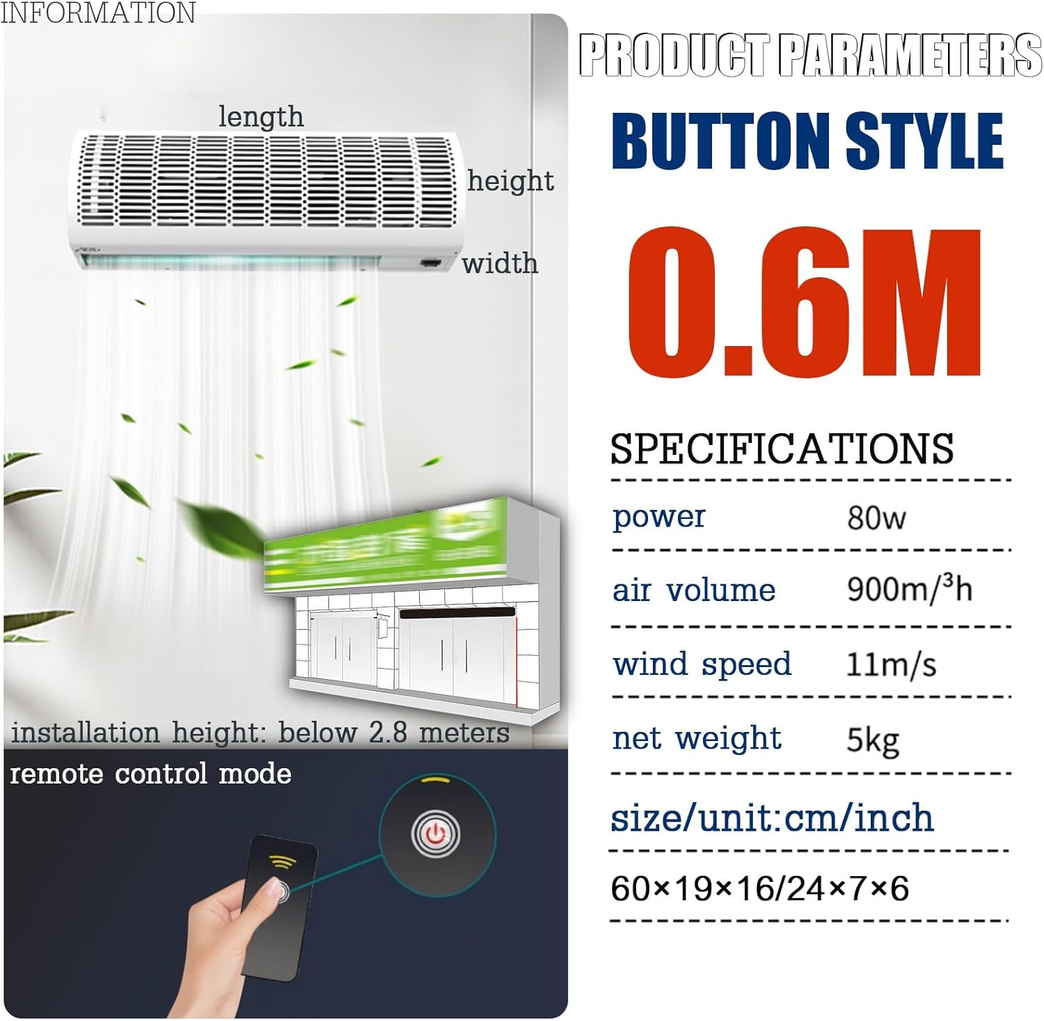 Air Curtain,Commercial Silent Door Air Curtain Machine, Energy-Saving Remote Control Black, Available in 1.5/1.8/2 Meters(0.6m)