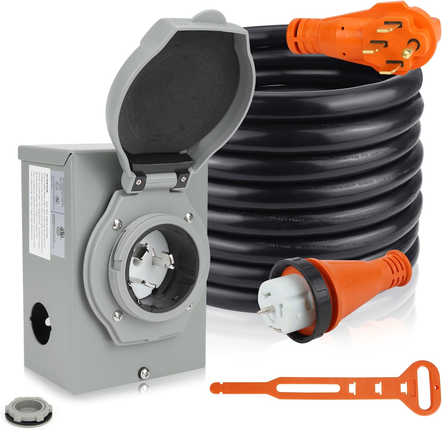 TIPHOPE 50Amp Generator Cord 25FT and Power Inlet Box,125/250V,4 Prong NEMA 14-50P to SS2-50R Generator Cable with NEMA SS2-50P Pre-Drilled Generator Inlet Box for Generator to House,Waterproof