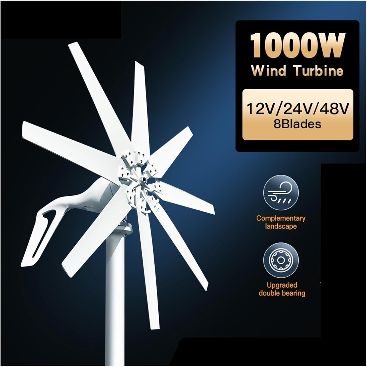 1000W Horizontal Wind Turbine Generator Kit 12V/24V/48V Low Noise Wind Turbine Kit with MPPT Controller Industrial Energy(Model3,48V_1000W)